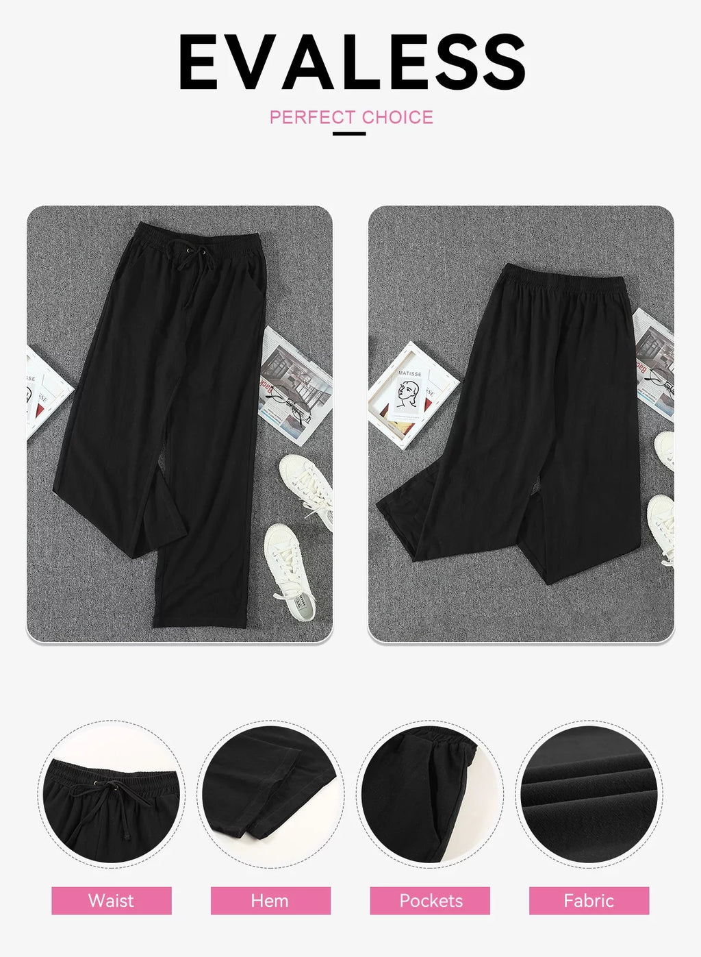 Black Linen Straight Leg Elastic Waist Pants with Pockets 2XL D299414
