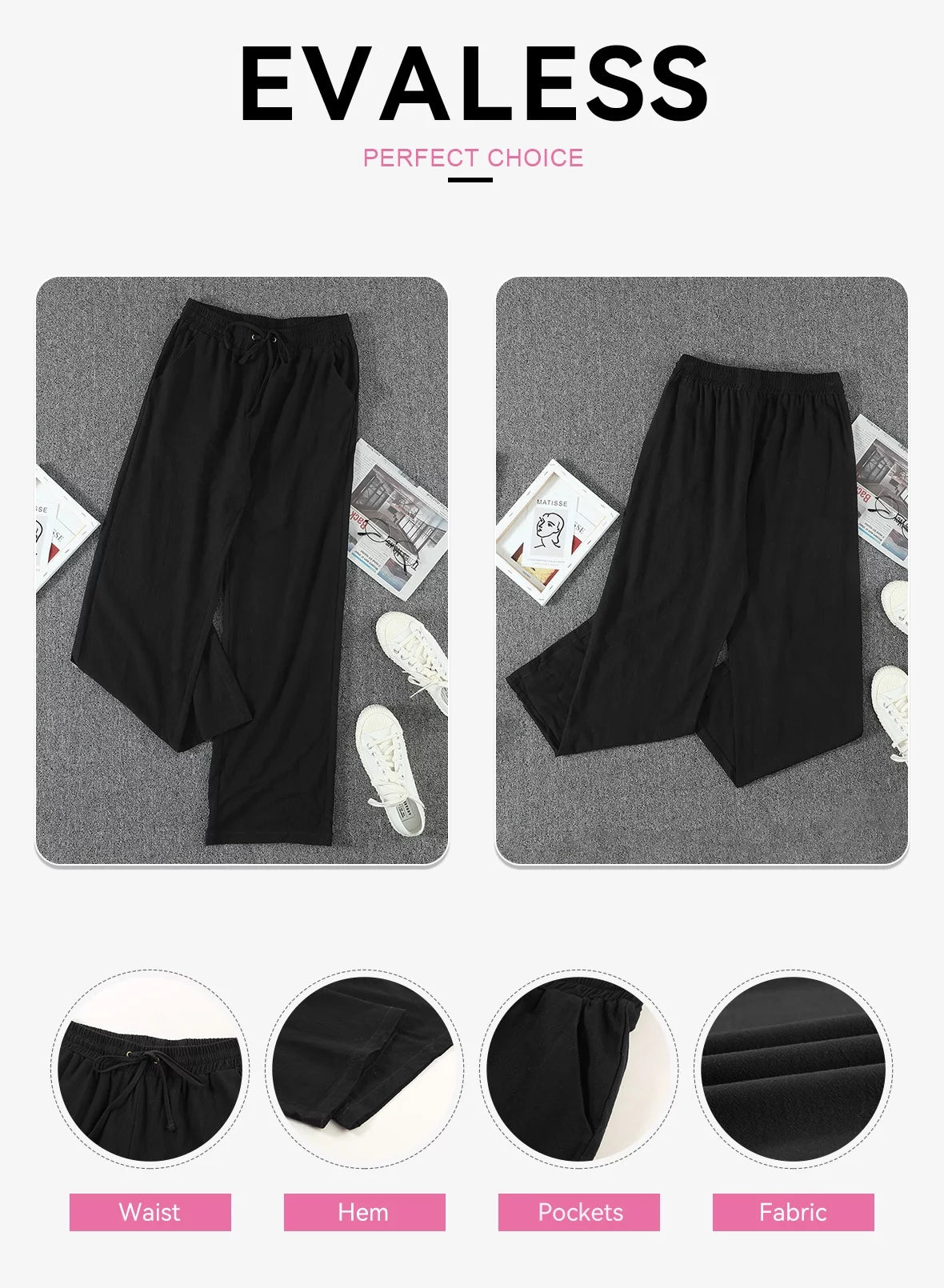 Black Linen Straight Leg Elastic Waist Pants with Pockets 2XL D299414