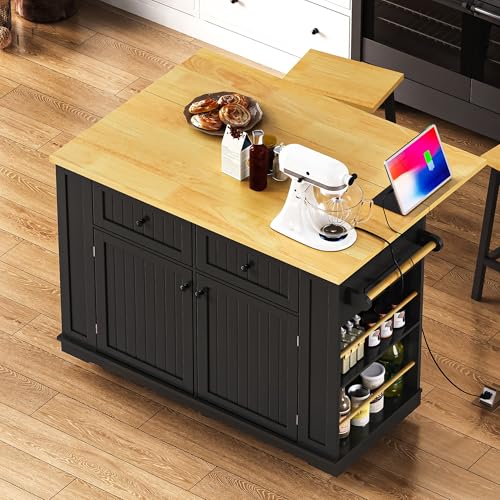 Black Kitchen Island with Power Outlet and Drop Leaf W2277