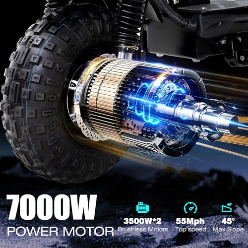 Electric Scooter 7000W Brushless Motor 60V 33Ah Li-Ion Battery 13" All Terrain Tires Full Suspension Adjustable Handlebar Height with Seat I875