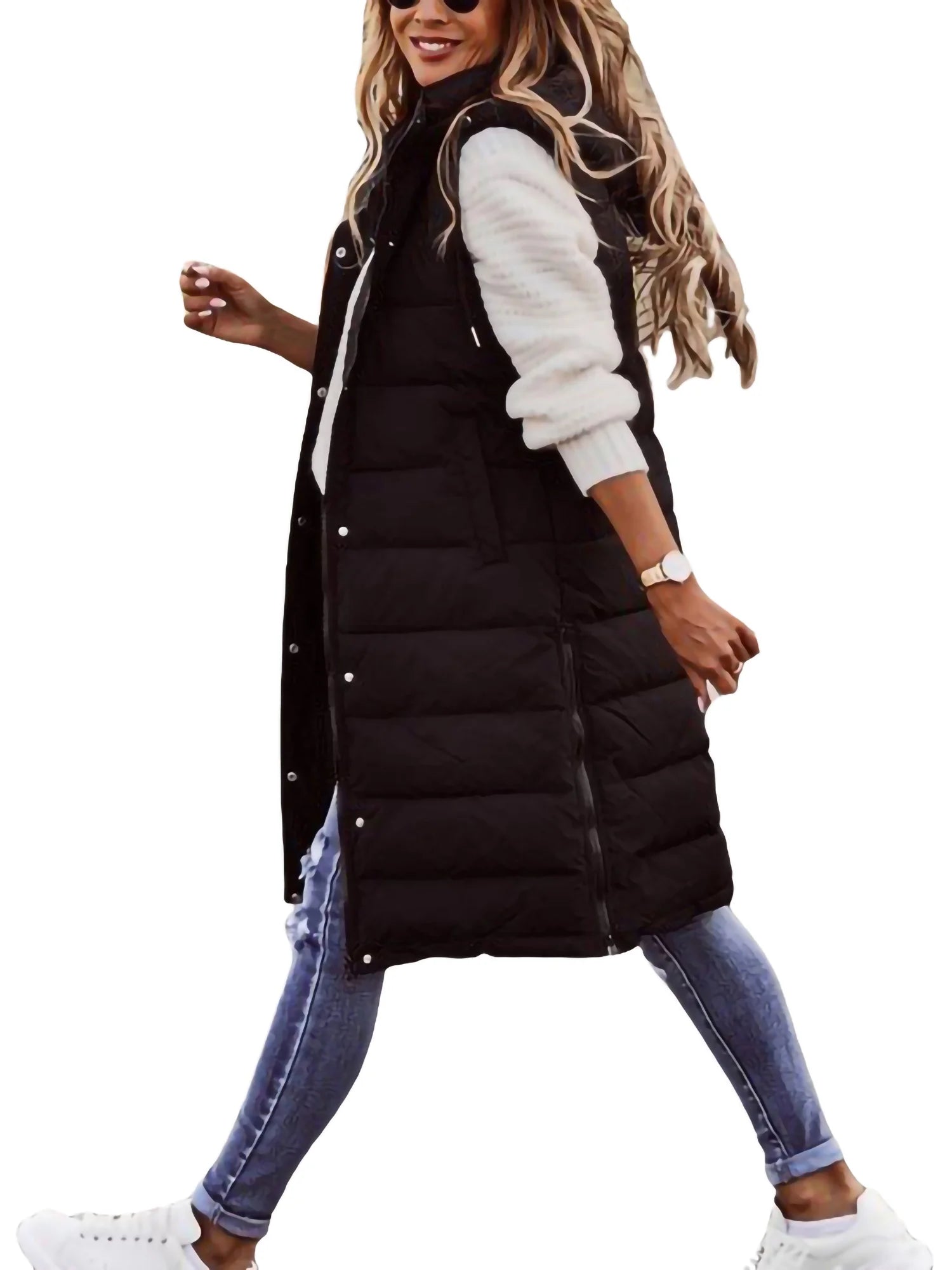 Women Long Down Vest Sleeveless Hooded Zipper Puffer Jacket F3311