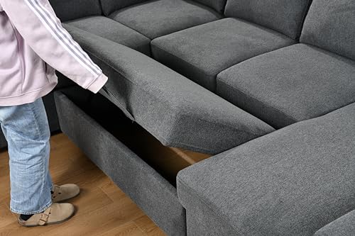 125'' U Shaped 7 Seat Sectional Sofa Couch with Cabinet, Sofa Bed with Storage Chaise and Pull-Out Couch Bed, Light Gray X6298