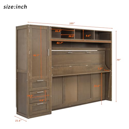 Antique Grey Solid Wood Murphy Bed with Wardrobe and Drawers K559972