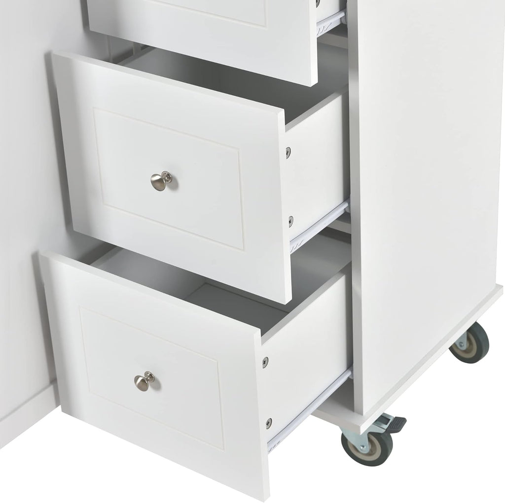 White Kitchen Island with 3 Drawers and Rolling Cart P231749