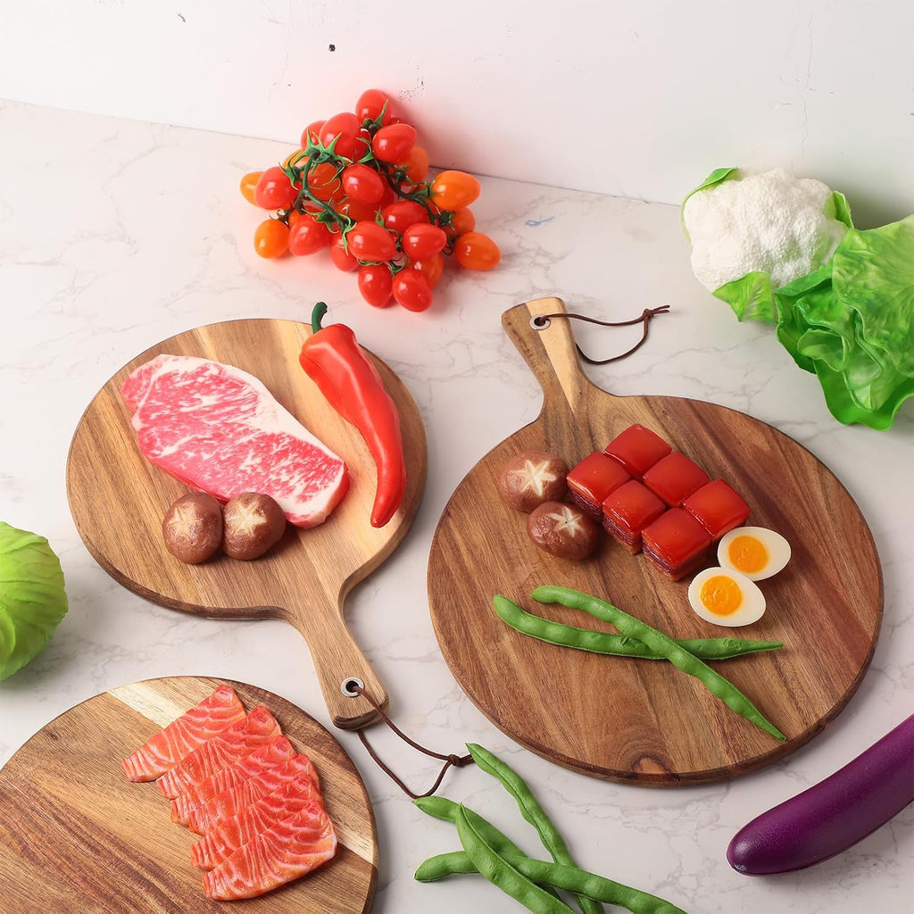 16 Pack Acacia Wood Cutting Board with Handle Thick Round Charcuterie Boards 2 Size K46775