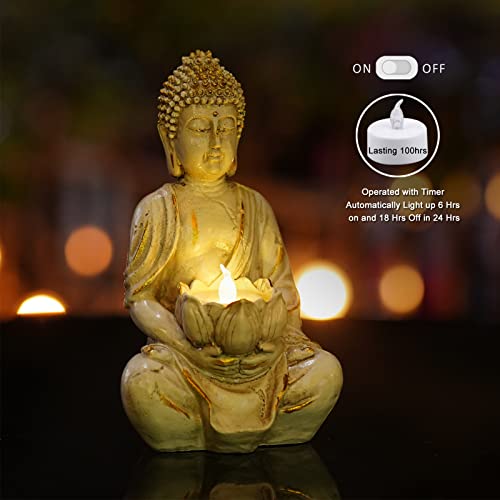 White Gold 8" Buddha Statue with LED Tea Lights Candle Holder M700751