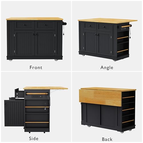 Black Kitchen Island with Power Outlet and Drop Leaf W2277