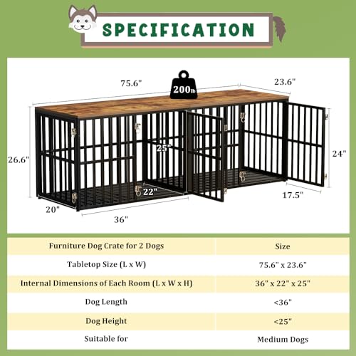 Black 76" Wooden Double Dog Crate with 4 Doors C27963
