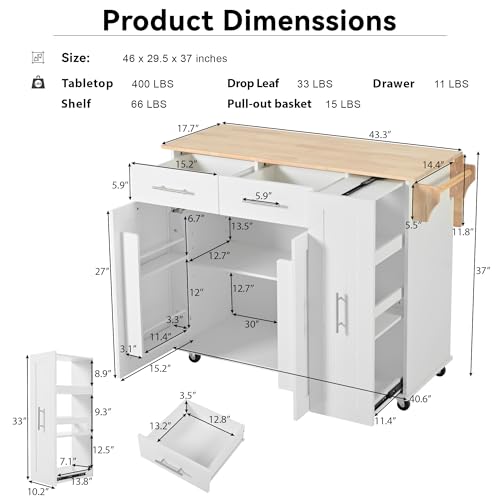 White Farmhouse Kitchen Island with Power Outlet and Drop Leaf B691