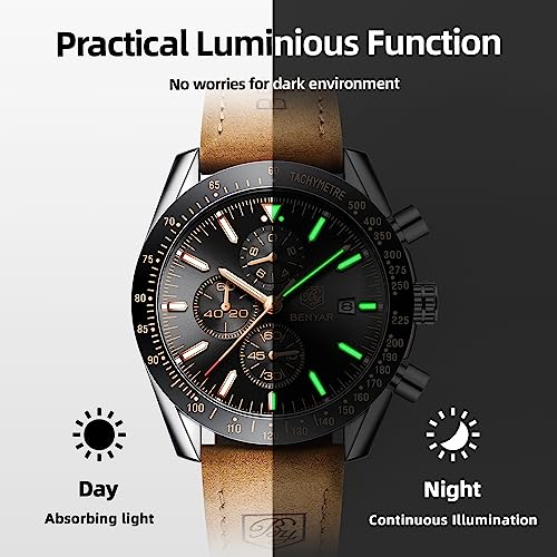 Mens Watches Analog Quartz Chronograph Waterproof Wrist Watches with Calendar Leather Stainless Steel Strap C110