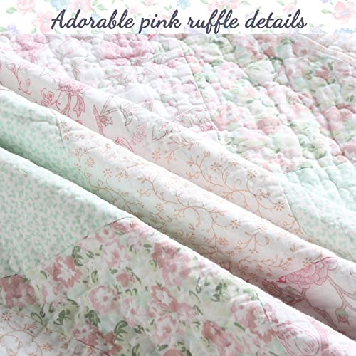 3-Piece Soft Pink Peach Green Cotton Reversible Queen Quilt Bedding Set I54539