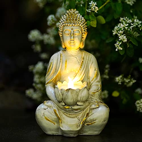 White Gold 8" Buddha Statue with LED Tea Lights Candle Holder M700751
