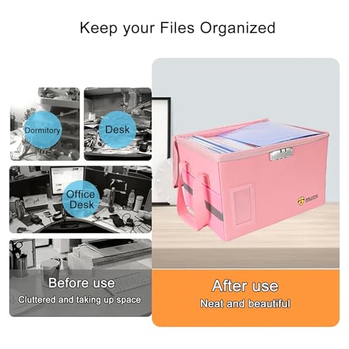 Pink Fireproof Document Box with Lock and Handle O27378