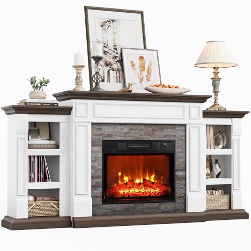 Electric Fireplace with Mantel, TV Stand, Realistic Stacked Stone Surround with Remote Control A93550