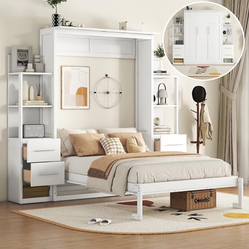 Queen Size Solid Wood Murphy Bed with Shelves and LED Lights N2382