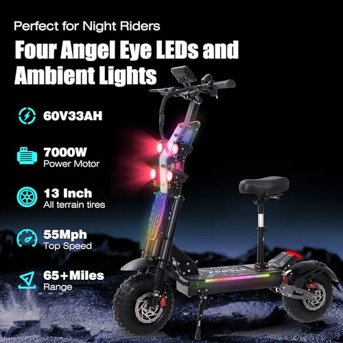 Electric Scooter 7000W Brushless Motor 60V 33Ah Li-Ion Battery 13" All Terrain Tires Full Suspension Adjustable Handlebar Height with Seat I875
