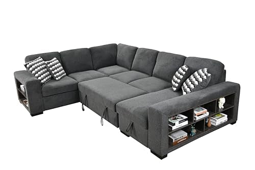 125'' U Shaped 7 Seat Sectional Sofa Couch with Cabinet, Sofa Bed with Storage Chaise and Pull-Out Couch Bed, Light Gray X6298