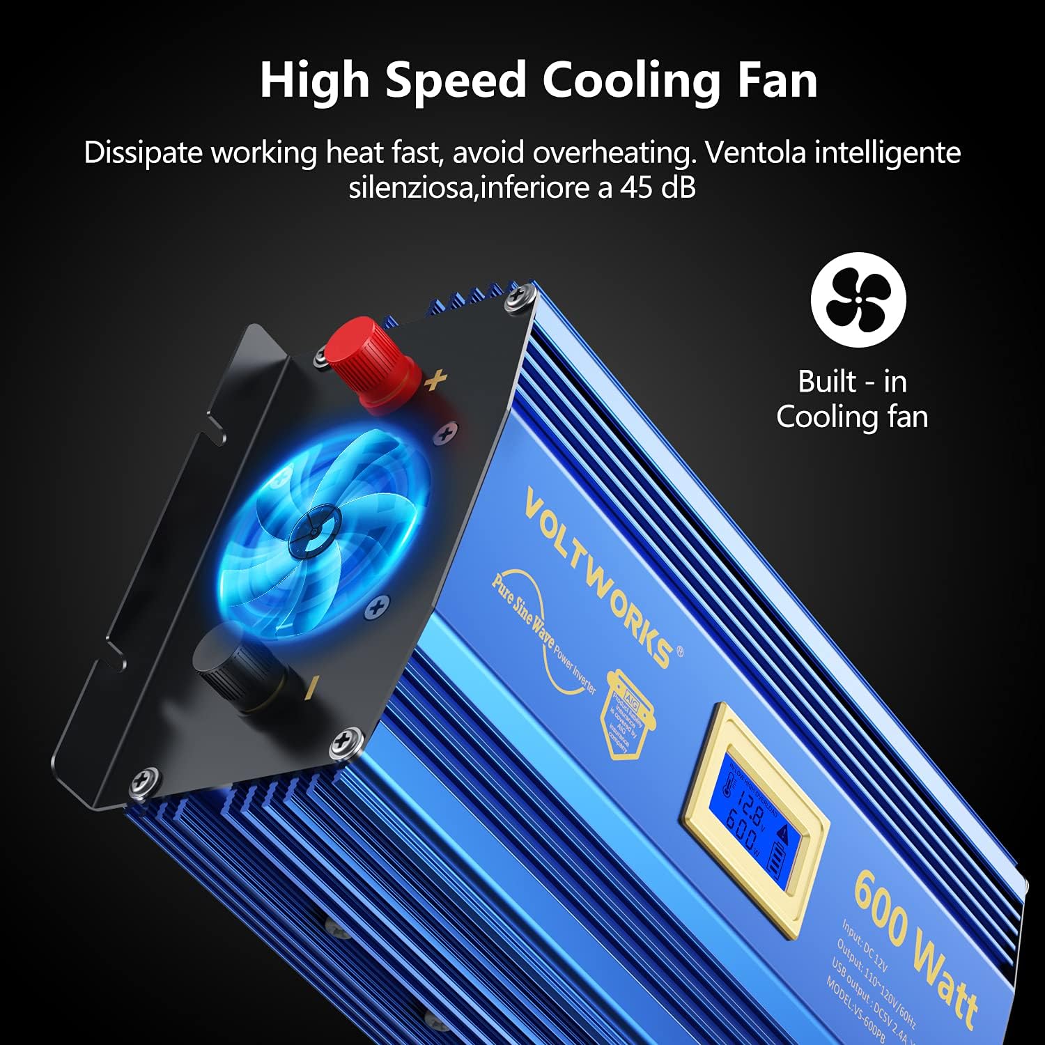 600 Watts Pure Sine Wave Power Inverter DC 12V to AC 110V 120V with Dual 2.4A USB Port & LCD Display T2839