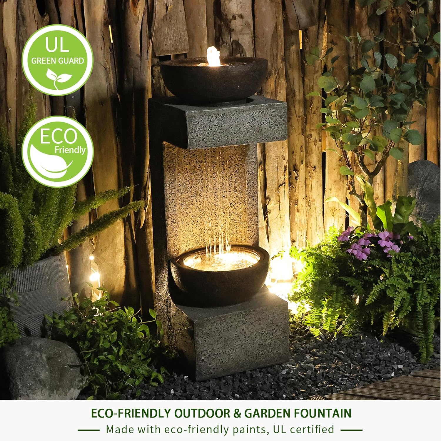 33.9" H Modern Tiered Outdoor Fountain with Lights and Stone Planter T304286