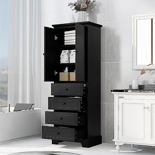 68.1" Tall Storage Cabinet with 2 Doors and 4 Drawers, Adjustable Shelf, MDF Board with Painted Finish, Solid Wood Frame (Black) G47535