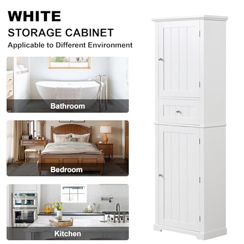 White Tall Bathroom Storage Cabinet with 2 Doors, 5 Shelves, 1 Drawer N324