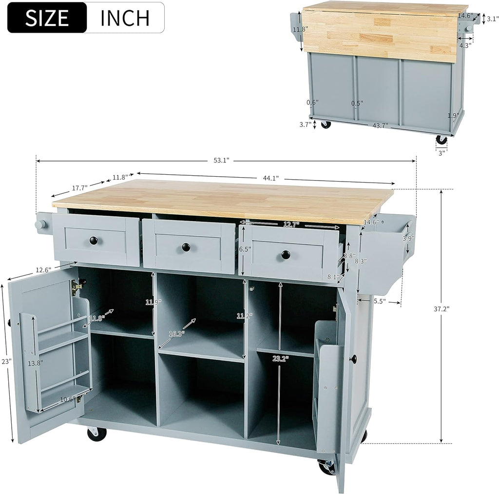 Blue Kitchen Cart with Rubber Wood Drop-Leaf Countertop R356542
