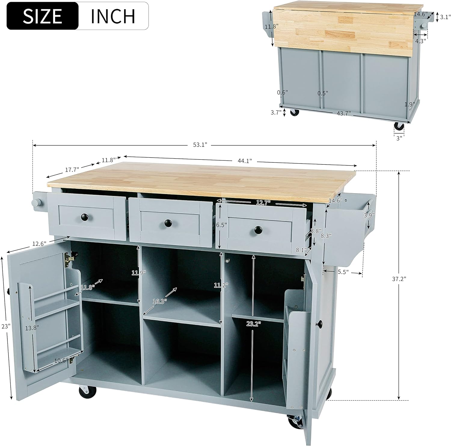 Blue Kitchen Cart with Rubber Wood Drop-Leaf Countertop R356542