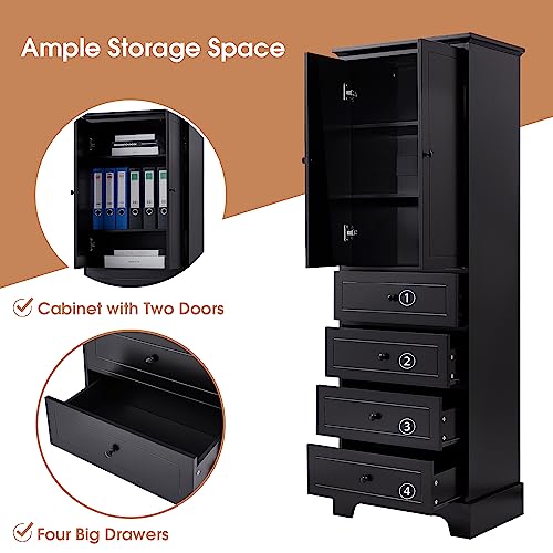 68.1" Tall Storage Cabinet with 2 Doors and 4 Drawers, Adjustable Shelf, MDF Board with Painted Finish, Solid Wood Frame (Black) G47535