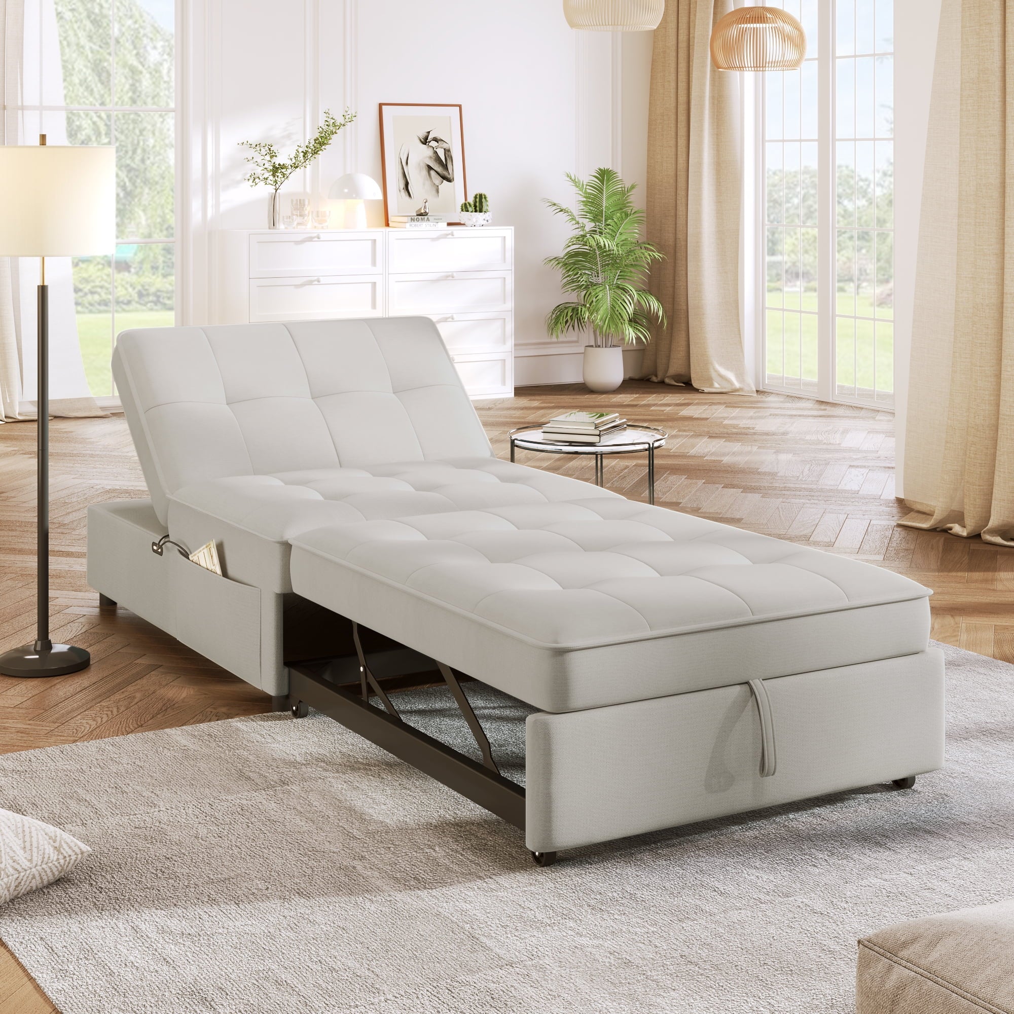 White 4-in-1 Folding Ottoman Bed with Storage Pocket and USB Port X75383