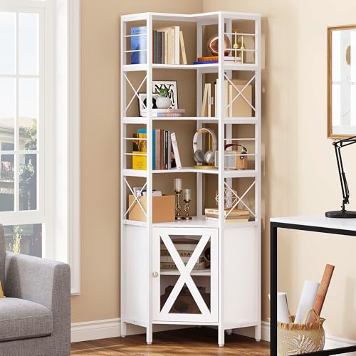 White 7-Tier Corner Bookshelf with Doors J3849