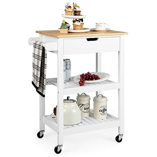 Natural Bamboo Rolling Kitchen Island Cart with Drawer and Shelves K29671
