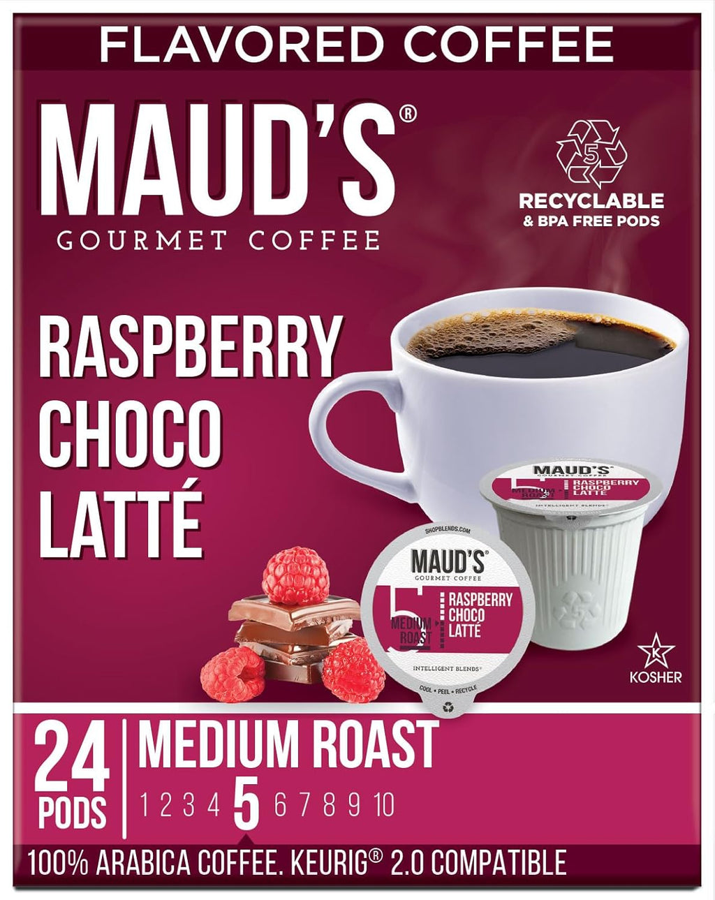 Raspberry Chocolate Flavored Coffee Pods, 24 ct, 100% Arabica Medium Roast Coffee H9768