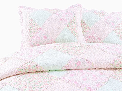 3-Piece Soft Pink Peach Green Cotton Reversible Queen Quilt Bedding Set I54539