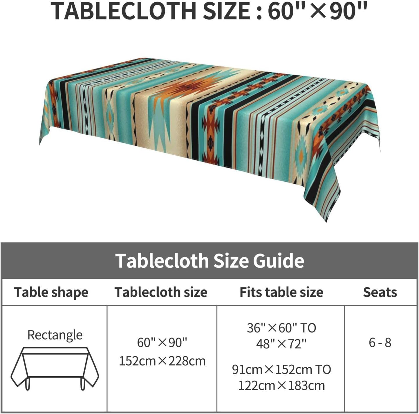 60 X 90 Inches Rectangular Navajo Print Tablecloth J591325