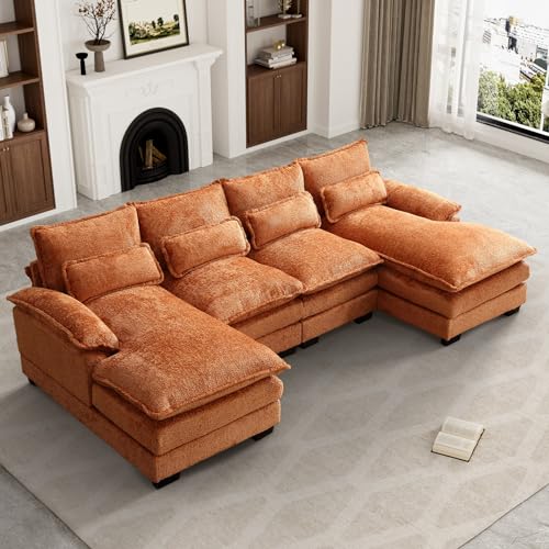U Shape Sectional Sofa, 110" Upholstery Modular Sofa, 4 Seat Chenille Sleeper Sofa with Double Chaise, Orange I848