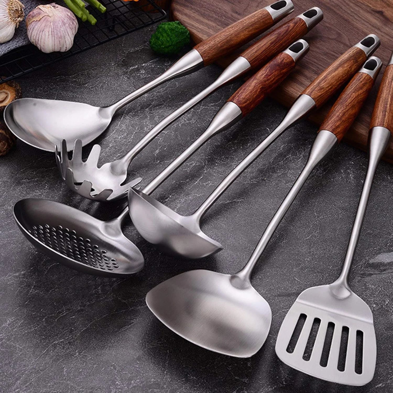 7pcs 304 Stainless Steel Kitchen Utensils Set with Wooden Handle O844561