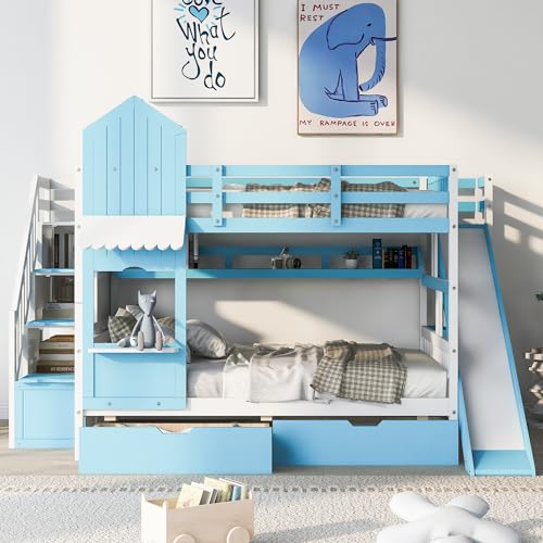 Gray Solid Wood Twin Over Twin Bunk Bed with Stairs and Slide B3312