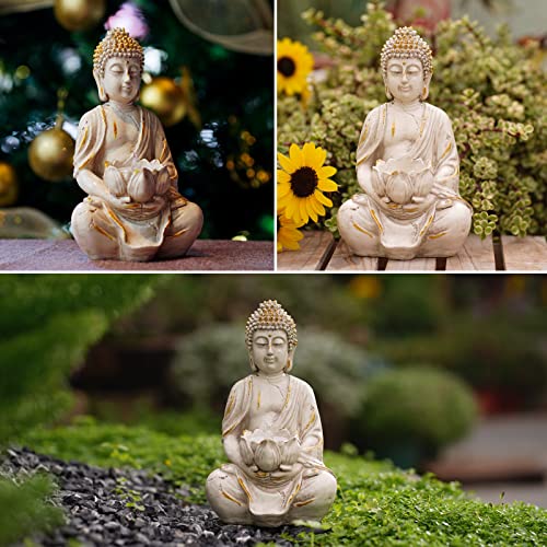 White Gold 8" Buddha Statue with LED Tea Lights Candle Holder M700751