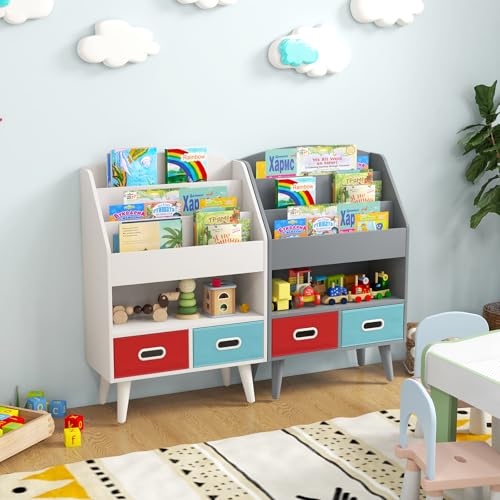 White Wooden Kids Bookshelf with 2 Cube Bins N30847