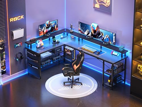 Black Carbon Fiber L Shaped Gaming Desk with Power Outlet and LED Lights B399