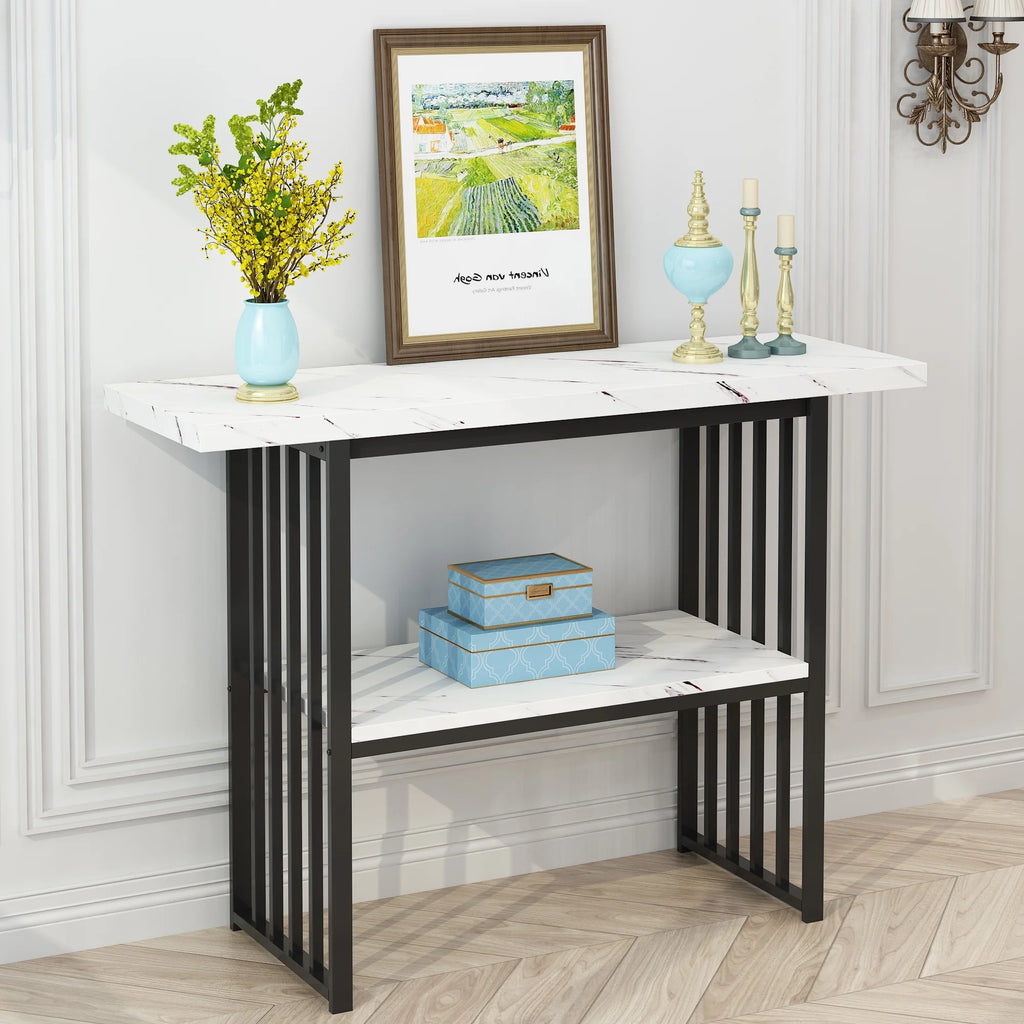 Black 42-Inch Narrow Console Table with Faux Marble Top and Metal Legs V26379