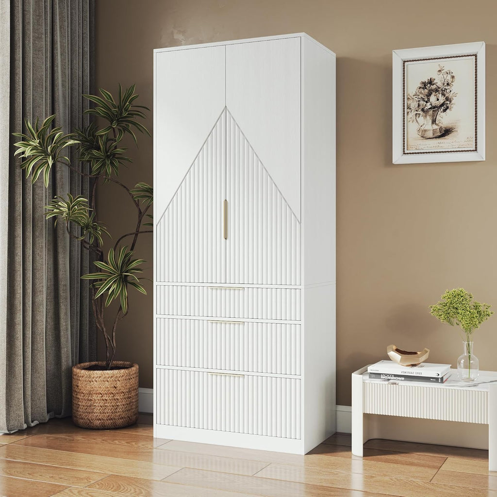 White Wooden Wardrobe Armoire with 2 Doors and 3 Drawer M9454