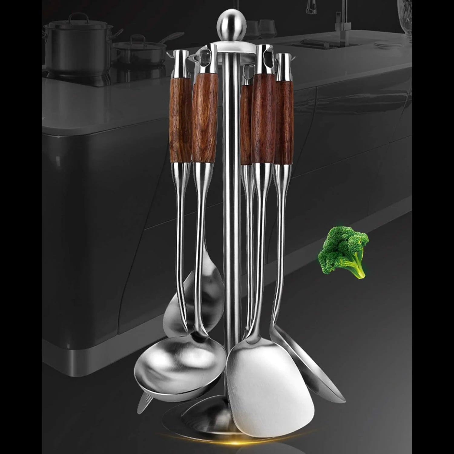 7pcs 304 Stainless Steel Kitchen Utensils Set with Wooden Handle O844561