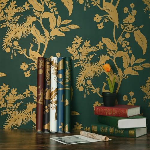 Dark Green Gold Vintage Floral Peel and Stick Wallpaper 17.3" X 118" K225