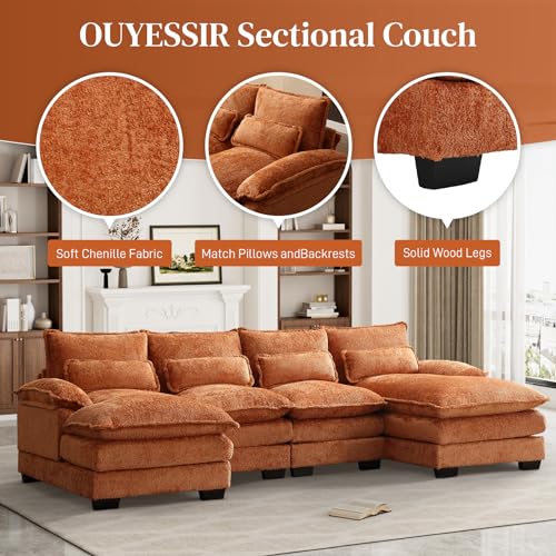 U Shape Sectional Sofa, 110" Upholstery Modular Sofa, 4 Seat Chenille Sleeper Sofa with Double Chaise, Orange I848