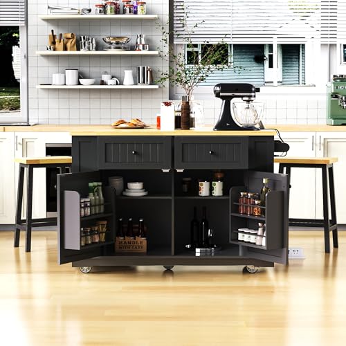 Black Kitchen Island with Power Outlet and Drop Leaf W2277