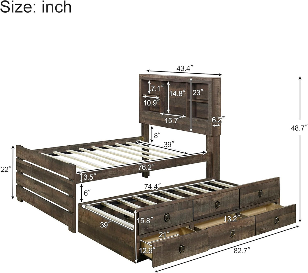 Twin Size Bookcase Captain Bed with Three Drawers and Trundle, Rustic Brown W123