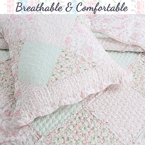 3-Piece Soft Pink Peach Green Cotton Reversible Queen Quilt Bedding Set I54539