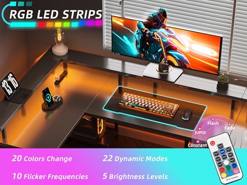 Black Carbon Fiber L Shaped Gaming Desk with Power Outlet and LED Lights B399