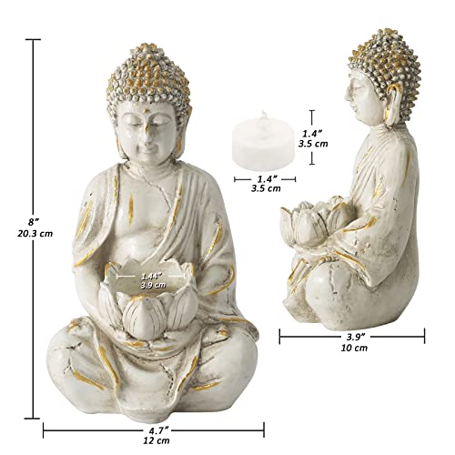 White Gold 8" Buddha Statue with LED Tea Lights Candle Holder M700751